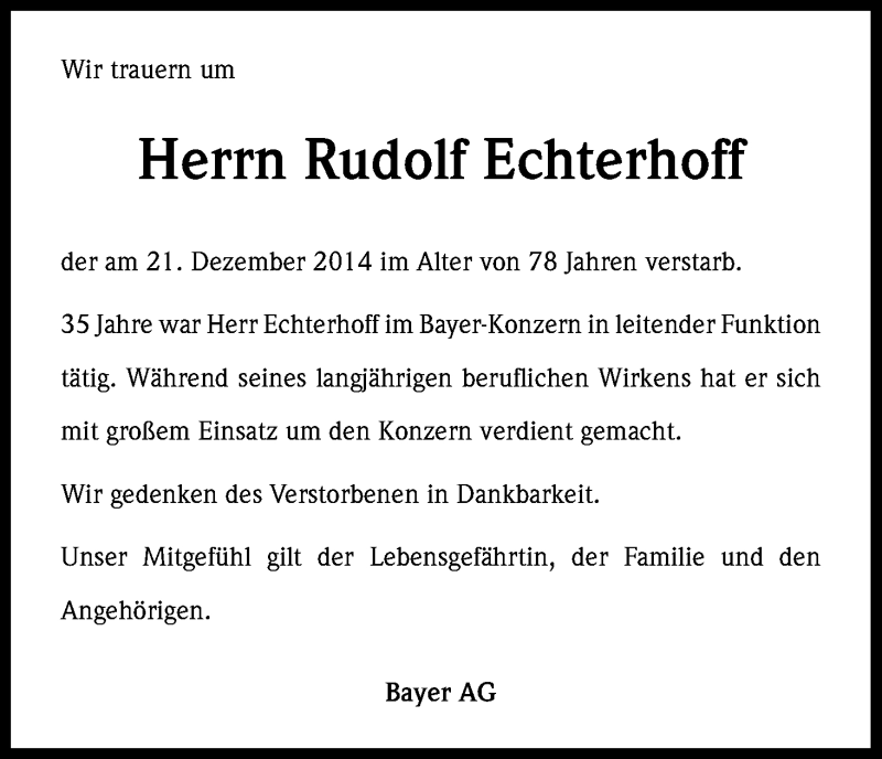  Traueranzeige für Rudolf Echterhoff vom 14.01.2015 aus Kölner Stadt-Anzeiger / Kölnische Rundschau / Express