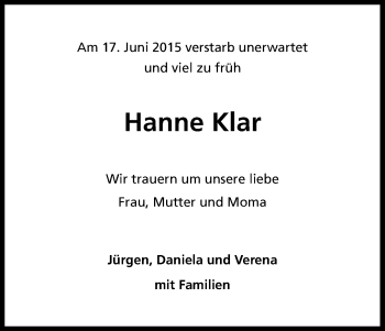 Anzeige von Hanne Klar von Kölner Stadt-Anzeiger / Kölnische Rundschau / Express