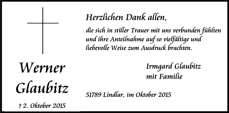  Traueranzeige für Werner Glaubitz vom 31.10.2015 aus Kölner Stadt-Anzeiger / Kölnische Rundschau / Express
