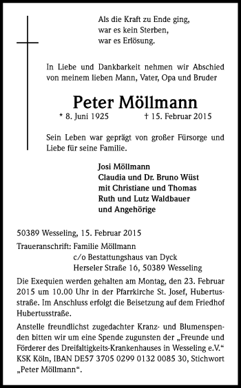 Anzeige von Peter Möllmann von Kölner Stadt-Anzeiger / Kölnische Rundschau / Express