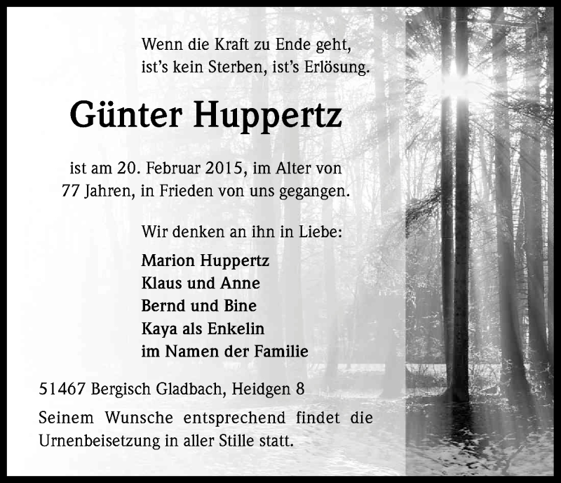  Traueranzeige für Günter Huppertz vom 25.02.2015 aus Kölner Stadt-Anzeiger / Kölnische Rundschau / Express