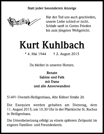Anzeige von Kurt Kuhlbach von Kölner Stadt-Anzeiger / Kölnische Rundschau / Express