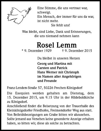 Anzeige von Rosel Lemm von Kölner Stadt-Anzeiger / Kölnische Rundschau / Express