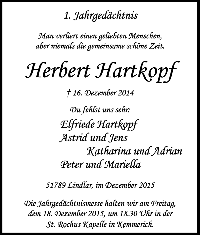  Traueranzeige für Herbert Hartkopf vom 16.12.2015 aus Kölner Stadt-Anzeiger / Kölnische Rundschau / Express