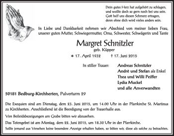 Anzeige von Margret Schnitzler von  Sonntags-Post 