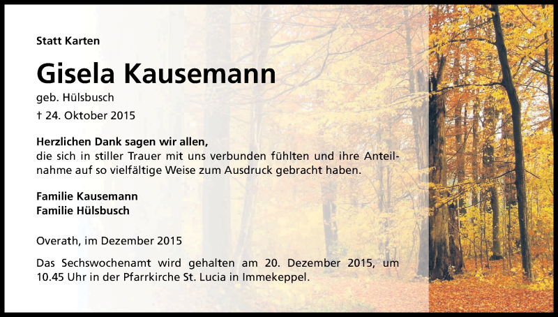  Traueranzeige für Gisela Kausemann vom 18.12.2015 aus Kölner Stadt-Anzeiger / Kölnische Rundschau / Express