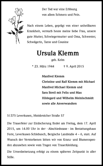Anzeige von Ursula Klemm von Kölner Stadt-Anzeiger / Kölnische Rundschau / Express