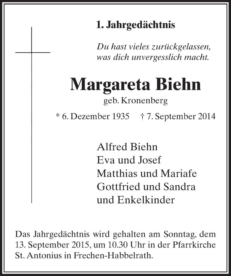  Traueranzeige für Margareta Biehn vom 05.09.2015 aus  Sonntags-Post 