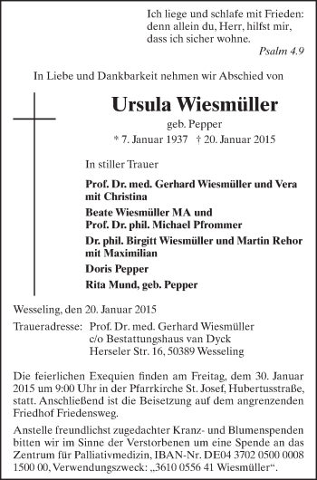 Anzeige von Ursula Wiesmüller von  Schlossbote/Werbekurier 