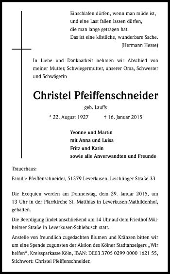Anzeige von Christel Pfeiffenschneider von Kölner Stadt-Anzeiger / Kölnische Rundschau / Express