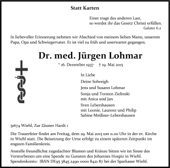 Anzeige von Jürgen Lohmar von Kölner Stadt-Anzeiger / Kölnische Rundschau / Express