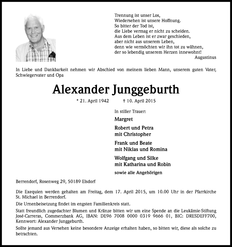  Traueranzeige für Alexander Junggeburth vom 14.04.2015 aus Kölner Stadt-Anzeiger / Kölnische Rundschau / Express