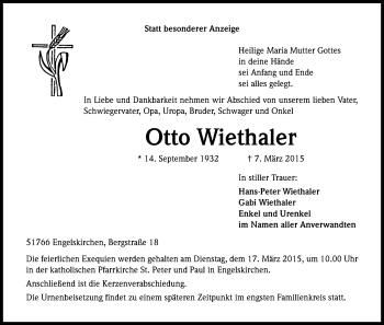 Anzeige von Otto Wiethaler von Kölner Stadt-Anzeiger / Kölnische Rundschau / Express