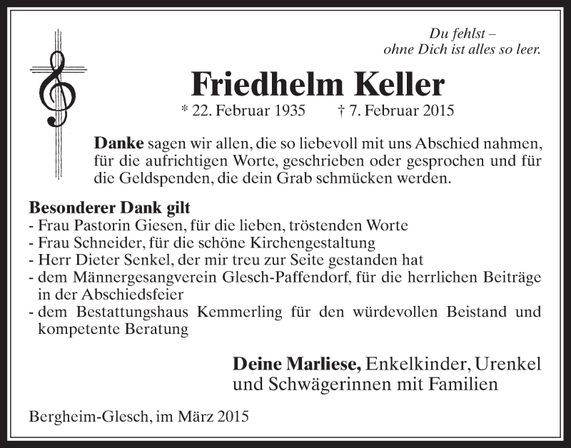  Traueranzeige für Friedhelm Keller vom 25.03.2015 aus  Werbepost 