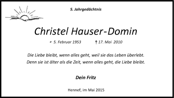 Anzeige von Christel  Hauser-Domin von Kölner Stadt-Anzeiger / Kölnische Rundschau / Express