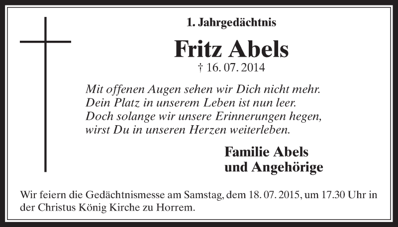  Traueranzeige für Fritz Abels vom 15.07.2015 aus  Werbepost 