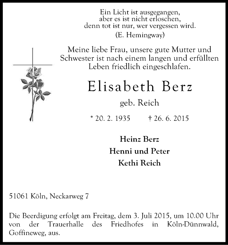  Traueranzeige für Elisabeth Berz vom 29.06.2015 aus Kölner Stadt-Anzeiger / Kölnische Rundschau / Express