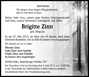 Anzeige von Brigitte Zinn von Kölner Stadt-Anzeiger / Kölnische Rundschau / Express