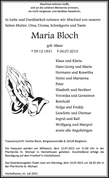 Anzeige von Maria Bloch von  Sonntags-Post 