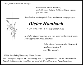 Anzeige von Dieter Hornbach von Kölner Stadt-Anzeiger / Kölnische Rundschau / Express