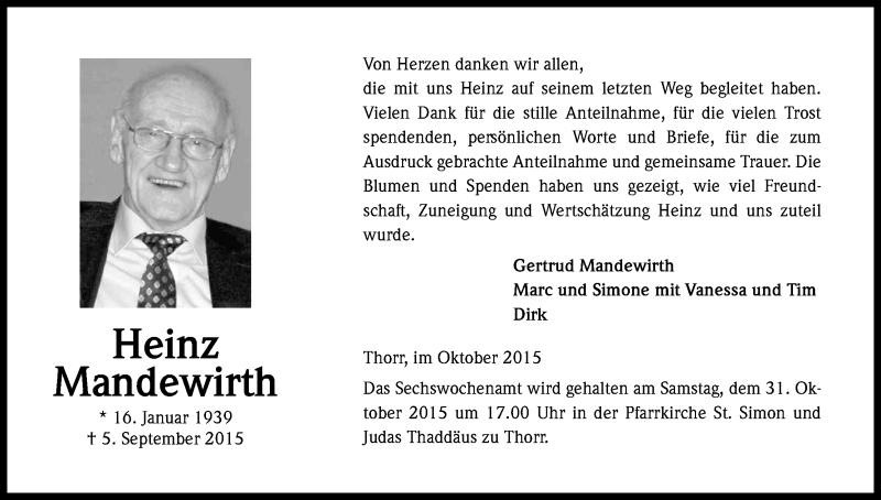  Traueranzeige für Heinz Mandewirth vom 24.10.2015 aus Kölner Stadt-Anzeiger / Kölnische Rundschau / Express