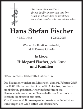 Anzeige von Hans Stefan Fischer von  Sonntags-Post 