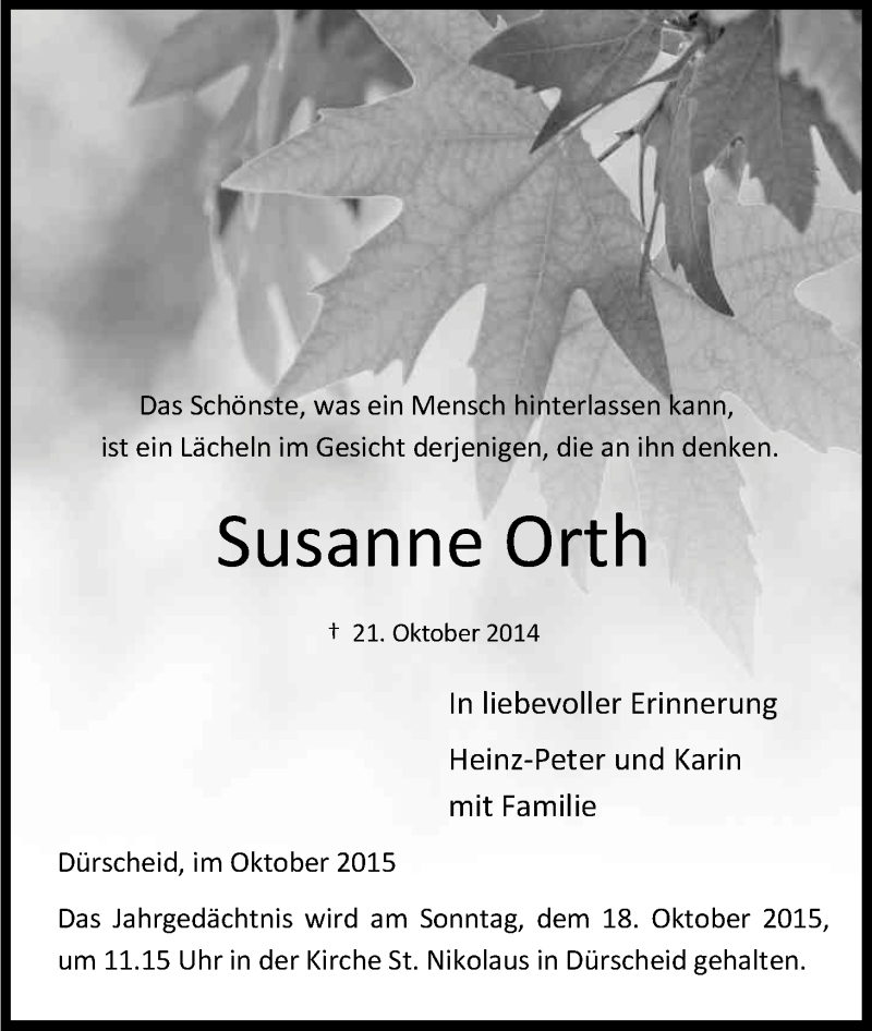  Traueranzeige für Susanne Orth vom 10.10.2015 aus Kölner Stadt-Anzeiger / Kölnische Rundschau / Express
