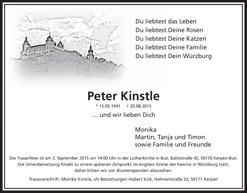  Traueranzeige für Peter Kinstle vom 29.08.2015 aus  Sonntags-Post 