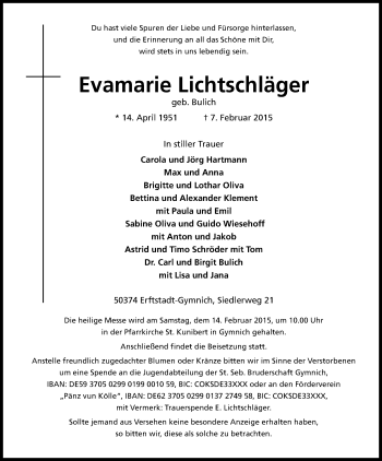 Anzeige von Evamarie Lichtschläger von Kölner Stadt-Anzeiger / Kölnische Rundschau / Express