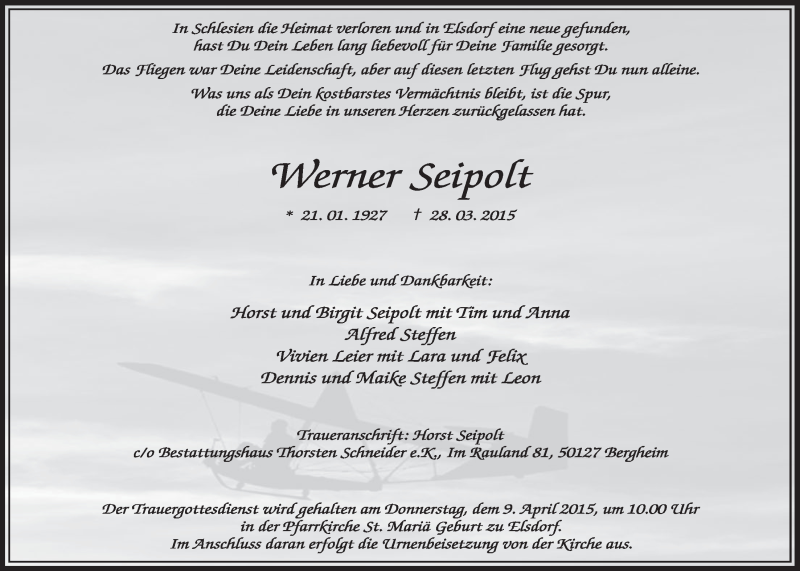 Traueranzeige für Werner Seipolt vom 04.04.2015 aus  Sonntags-Post 