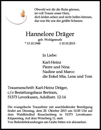 Anzeige von Hannelore Dräger von Kölner Stadt-Anzeiger / Kölnische Rundschau / Express