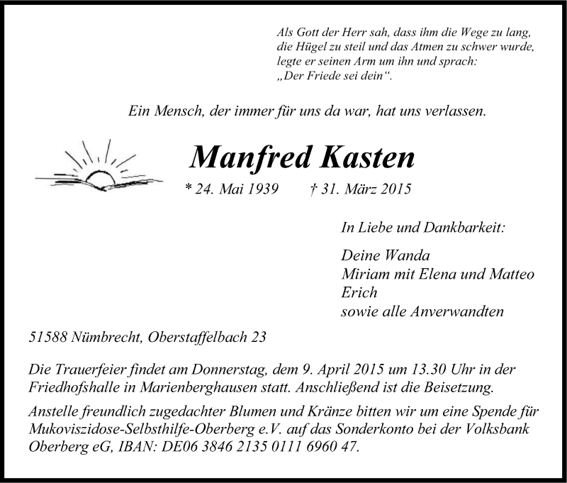  Traueranzeige für Manfred Kasten vom 04.04.2015 aus Kölner Stadt-Anzeiger / Kölnische Rundschau / Express