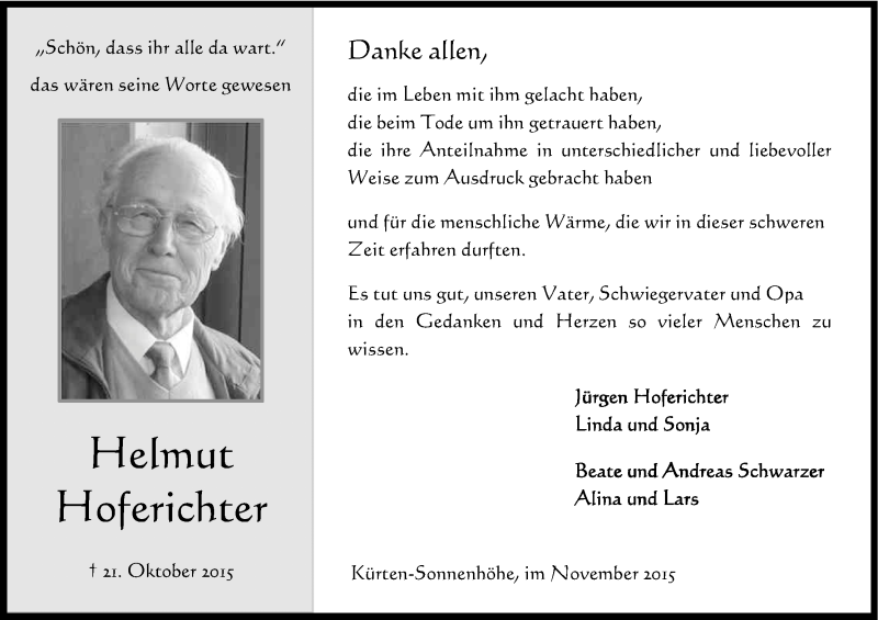  Traueranzeige für Helmut Hoferichter vom 14.11.2015 aus Köln - Wir Trauern