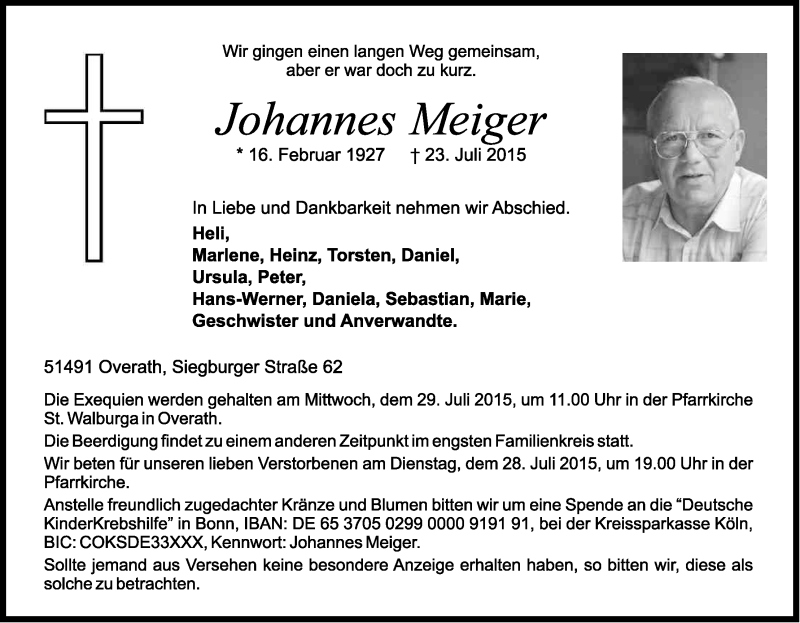  Traueranzeige für Johannes Meiger vom 25.07.2015 aus Kölner Stadt-Anzeiger / Kölnische Rundschau / Express