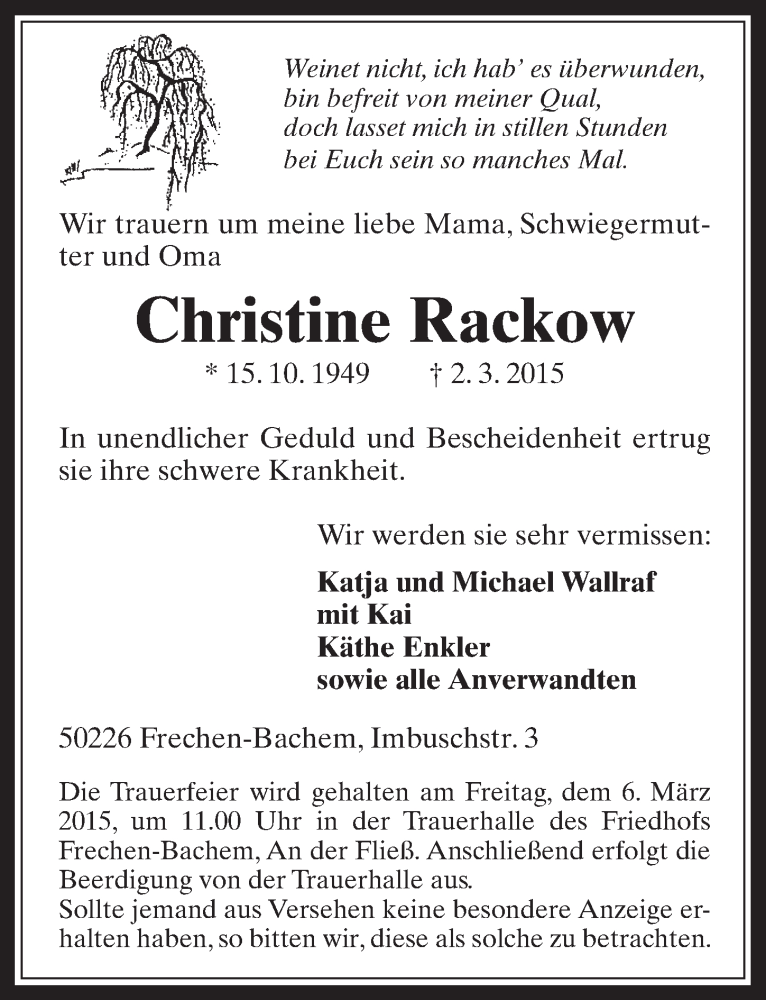  Traueranzeige für Christine Rackow vom 04.03.2015 aus  Wochenende 