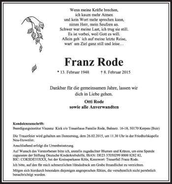 Anzeige von Franz Rode von  Sonntags-Post 