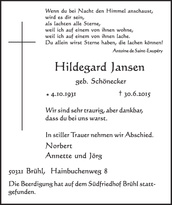 Anzeige von Hildegard Jansen von  Schlossbote/Werbekurier 