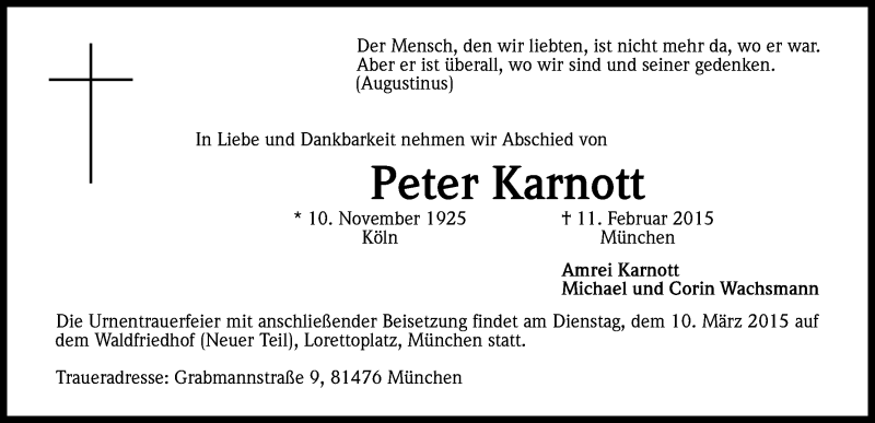  Traueranzeige für Peter Karnott vom 17.02.2015 aus Kölner Stadt-Anzeiger / Kölnische Rundschau / Express