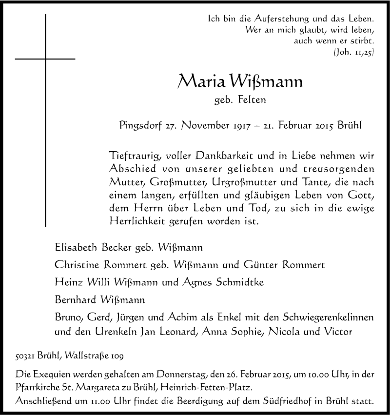  Traueranzeige für Maria Wißmann vom 25.02.2015 aus Kölner Stadt-Anzeiger / Kölnische Rundschau / Express