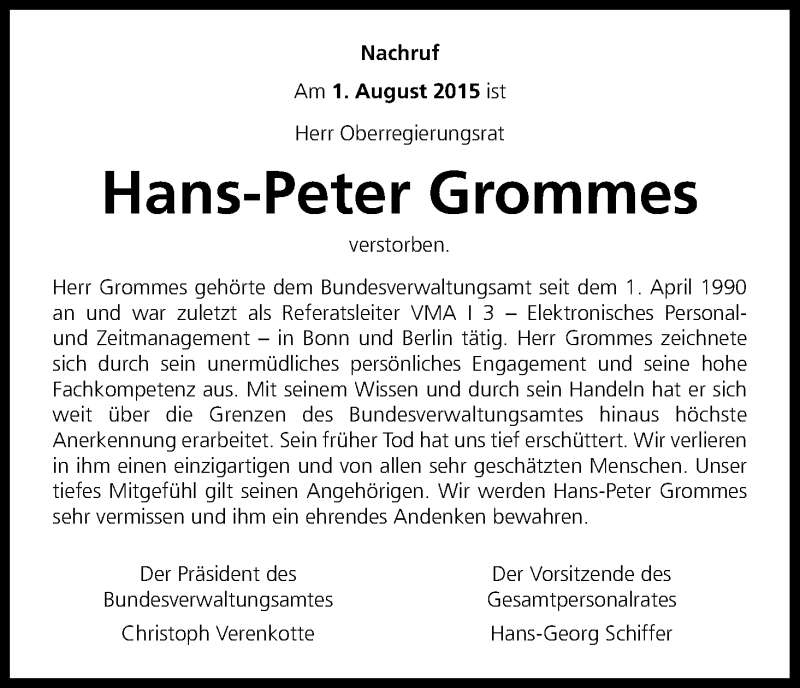  Traueranzeige für Hans-Peter Grommes vom 10.08.2015 aus Kölner Stadt-Anzeiger / Kölnische Rundschau / Express