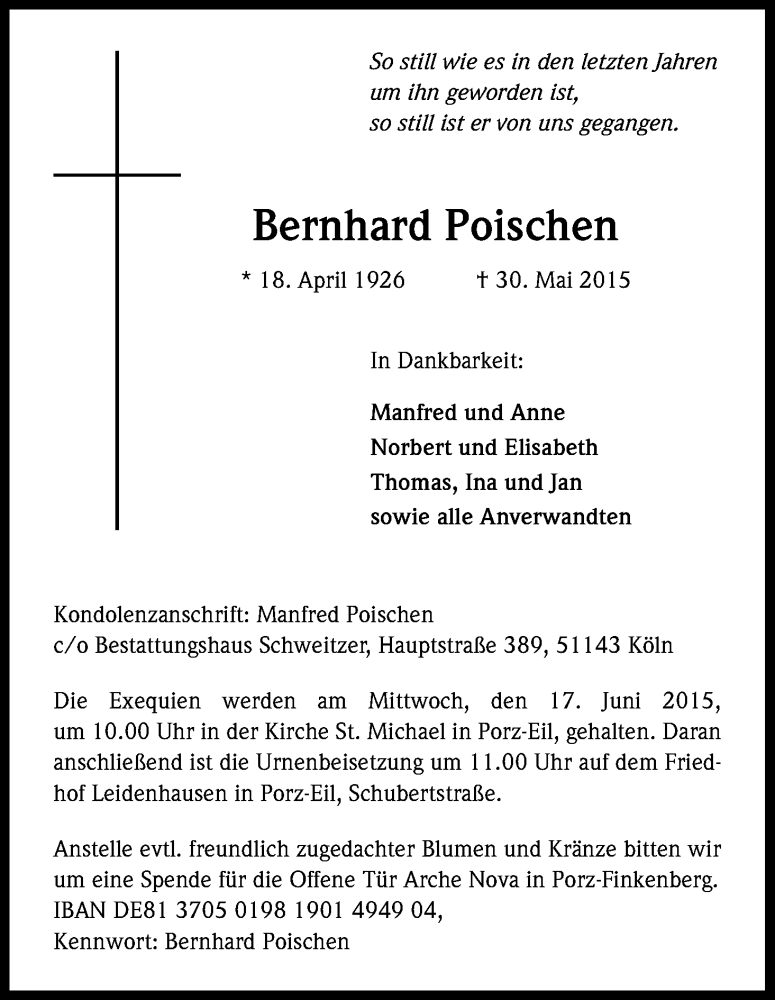  Traueranzeige für Bernhard Poischen vom 13.06.2015 aus Kölner Stadt-Anzeiger / Kölnische Rundschau / Express
