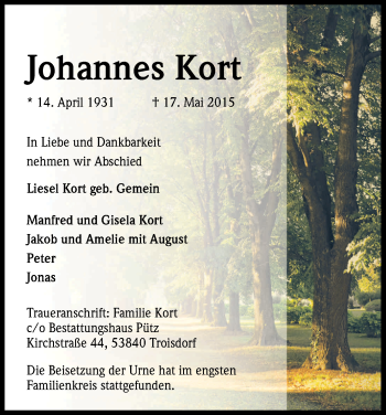 Anzeige von Johannes Kort von Kölner Stadt-Anzeiger / Kölnische Rundschau / Express