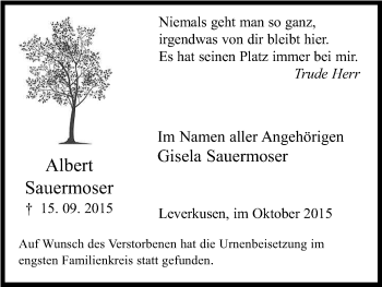Anzeige von Albert Sauermoser von Kölner Stadt-Anzeiger / Kölnische Rundschau / Express