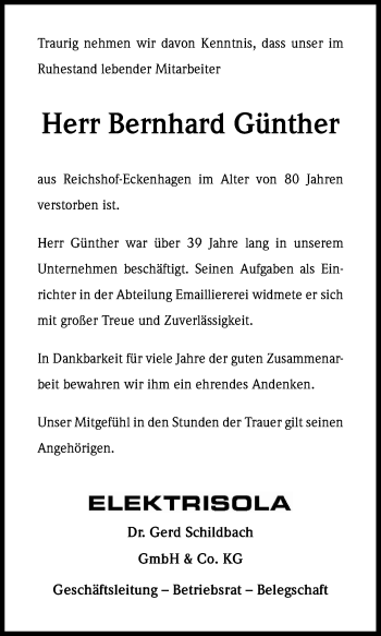 Anzeige von Bernhard Günther von Kölner Stadt-Anzeiger / Kölnische Rundschau / Express