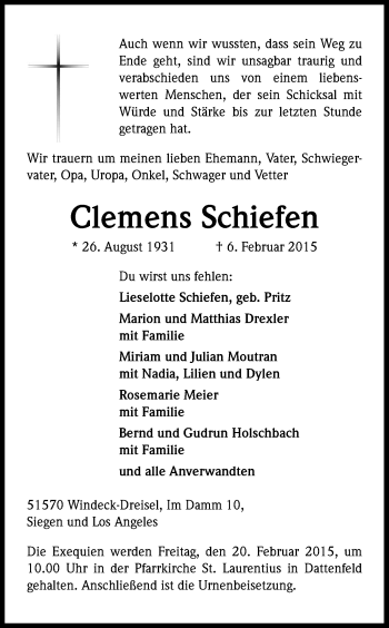 Anzeige von Clemens Schiefen von Kölner Stadt-Anzeiger / Kölnische Rundschau / Express