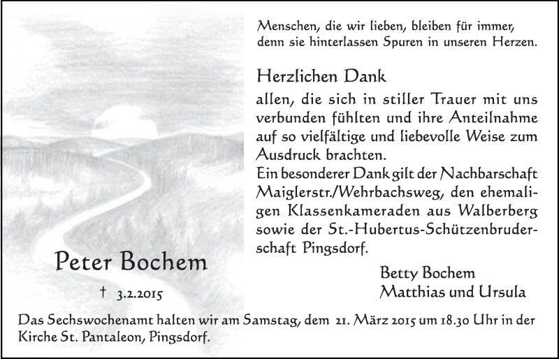  Traueranzeige für Peter Bochem vom 25.02.2015 aus  Schlossbote/Werbekurier 