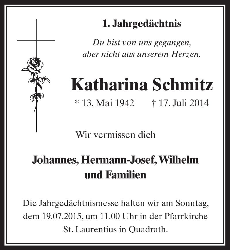  Traueranzeige für Katharina Schmitz vom 15.07.2015 aus  Werbepost 