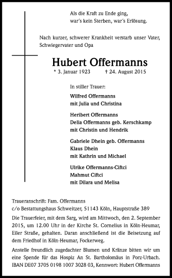 Anzeige von Hubert Offermanns von Kölner Stadt-Anzeiger / Kölnische Rundschau / Express