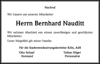 Anzeige von Bernhard Nauditt von Kölner Stadt-Anzeiger / Kölnische Rundschau / Express