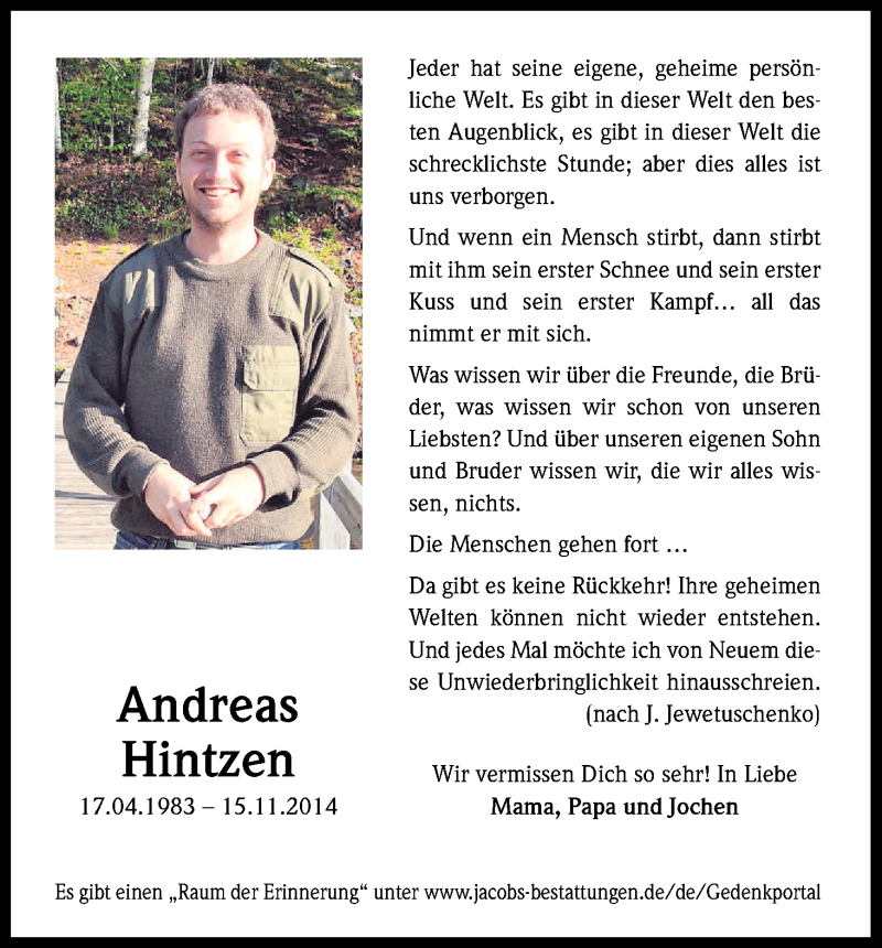  Traueranzeige für Andreas Hintzen vom 17.04.2015 aus Kölner Stadt-Anzeiger / Kölnische Rundschau / Express